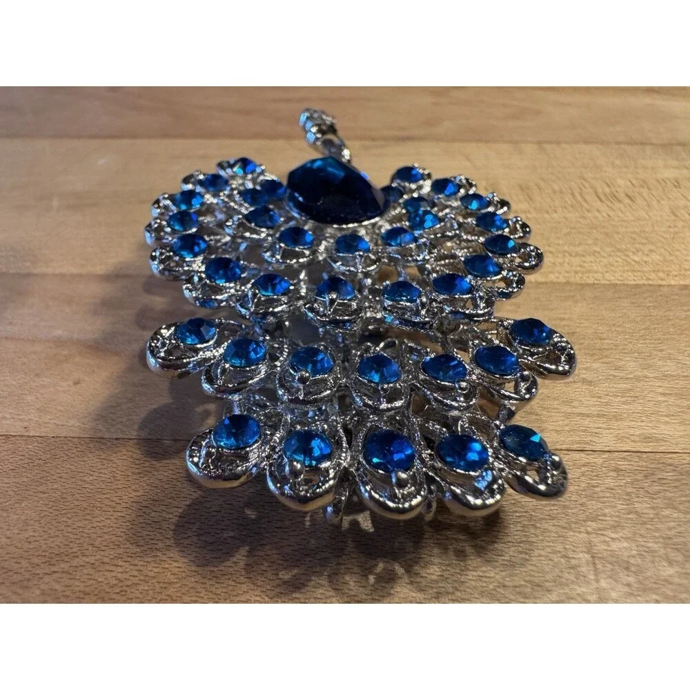 Large Silver Tone Peacock Brooch Blue Rhinestone Fanned Tail Statement Pin